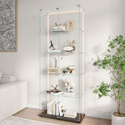 BRILVERDE Vitrina Para Colección, Vitrina De Vidrio Con Banda Led Regulable, Armario Vitrina De Doble Puerta 5 Niveles En Vidrio Templado, Mueble Expositor Luminoso Para Salón, Dormitorio U Oficina, Base Negra BRILVERDE Vitrina Para Colección, Vitrina De Vidrio Con Banda Led Regulable, Armario Vitrina De Doble Puerta 5 Niveles En Vidrio Templado, Mueble Expositor Luminoso Para Salón, Dormitorio U Oficina, Base Negra