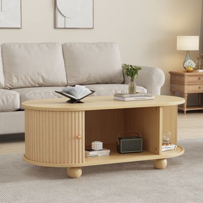 HAUSS SPOLE Mesa De Centro Ovalada De 100 Cm Con Puertas Correderas Y Almacenaje, Mdf, 100 X 50 X 40 Cm, Natural HAUSS SPOLE Mesa De Centro Ovalada De 100 Cm Con Puertas Correderas Y Almacenaje, Mdf, 100 X 50 X 40 Cm, Natural