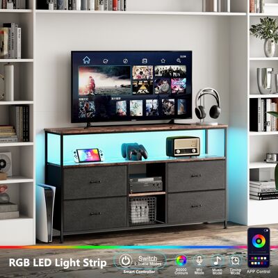 TANANT Mueble De Tv 137 Cm - Con 4 Cajones De Tela Negra, Iluminación Led, Estructura De Hierro, Patas De Altura Regulable, Mueble De Tv Moderno - Marrón TANANT Mueble De Tv 137 Cm - Con 4 Cajones De Tela Negra, Iluminación Led, Estructura De Hierro, Patas De Altura Regulable, Mueble De Tv Moderno - Marrón