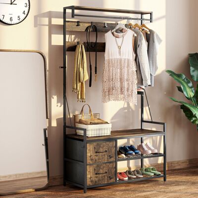 SANS MARQUE Perchero Zapatero Con Zapatero Doble 10 Ganchos Ajustables 2 Cajones Y Barra Colgante 100x40x180 Cm Marrón Rústico SANS MARQUE Perchero Zapatero Con Zapatero Doble 10 Ganchos Ajustables 2 Cajones Y Barra Colgante 100x40x180 Cm Marrón Rústico