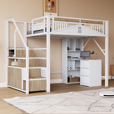 KELLANY Cama Alta Metálica De 140 X 200 Cm, Cerramiento De Seguridad Único Con Ventana, Escalera De Seguridad Con Taquilla, Color Blanco, Sku Antiguo: Ldb00359aak KELLANY Cama Alta Metálica De 140 X 200 Cm, Cerramiento De Seguridad Único Con Ventana, Escalera De Seguridad Con Taquilla, Color Blanco, Sku Antiguo: Ldb00359aak