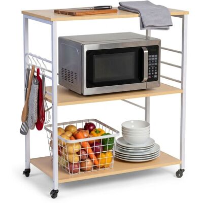 Relaxdays Carrito De Cocina, 3 Estantes, 6 Ganchos En S, 89 X 80 X 40 Cm, Mdf Y Acero, Natural/blanco Relaxdays Carrito De Cocina, 3 Estantes, 6 Ganchos En S, 89 X 80 X 40 Cm, Mdf Y Acero, Natural/blanco