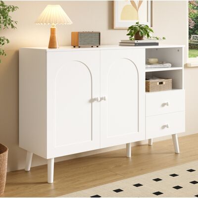 MODFU Vitrina De 118x35x82 Cm Con 2 Puertas Arqueadas, 2 Cajones Y Estantes Abiertos, Mdf, Patas Y Tiradores De Madera - Blanco MODFU Vitrina De 118x35x82 Cm Con 2 Puertas Arqueadas, 2 Cajones Y Estantes Abiertos, Mdf, Patas Y Tiradores De Madera - Blanco