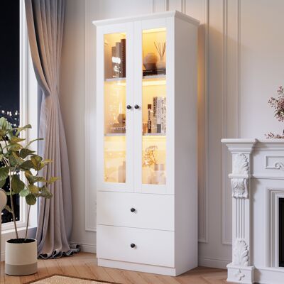 BEAOK Vitrina De Mdf Y Aglomerado Blanco Mate 60x35,5x165 Cm Con 2 Puertas De Cristal, 2 Cajones, Led Usb Y 2 Baldas Regulables BEAOK Vitrina De Mdf Y Aglomerado Blanco Mate 60x35,5x165 Cm Con 2 Puertas De Cristal, 2 Cajones, Led Usb Y 2 Baldas Regulables
