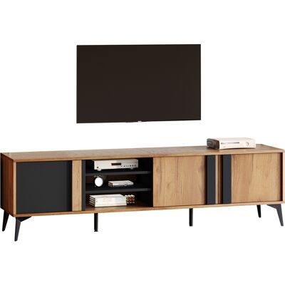 STILVORA Mueble Tv 180 Cm Con 3 Puertas Y 4 Estantes Abiertos Y Pasacables, Estilo Rústico, Marrón Y Negro STILVORA Mueble Tv 180 Cm Con 3 Puertas Y 4 Estantes Abiertos Y Pasacables, Estilo Rústico, Marrón Y Negro