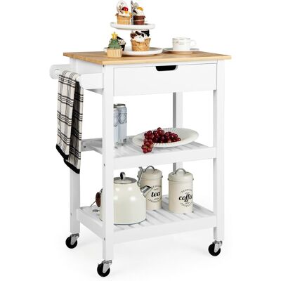 Costway - Isla De Cocina Rodante De Bambú Con Cajón, Toallero Lateral Y Asa De Empuje, 2 Estantes Abiertos, Carro Para Microondas, Carrito De Bar Móvil Para Cocina, Comedor Y Sala De Estar (blanco) Costway - Isla De Cocina Rodante De Bambú Con Cajón, Toallero Lateral Y Asa De Empuje, 2 Estantes Abiertos, Carro Para Microondas, Carrito De Bar Móvil Para Cocina, Comedor Y Sala De Estar (blanco)