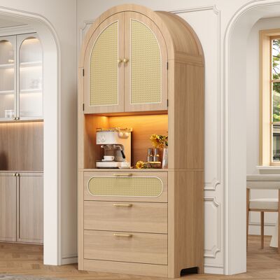WISHDOR Vitrina De Almacenaje Curvada, 80x35x180 Cm, Nicho Led, 3 Cajones, En Mdf Y Tableros De Partículas, Blanco Y Roble Claro WISHDOR Vitrina De Almacenaje Curvada, 80x35x180 Cm, Nicho Led, 3 Cajones, En Mdf Y Tableros De Partículas, Blanco Y Roble Claro