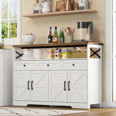 DREAMMESPACE Aparador De Cocina 140 X 35 X 95 Cm - Aparador Vintage Con 3 Cajones Y 2 Puertas En Forma De X, Consola Rústica Con Espacio De Almacenamiento - Blanco Y Madera DREAMMESPACE Aparador De Cocina 140 X 35 X 95 Cm - Aparador Vintage Con 3 Cajones Y 2 Puertas En Forma De X, Consola Rústica Con Espacio De Almacenamiento - Blanco Y Madera