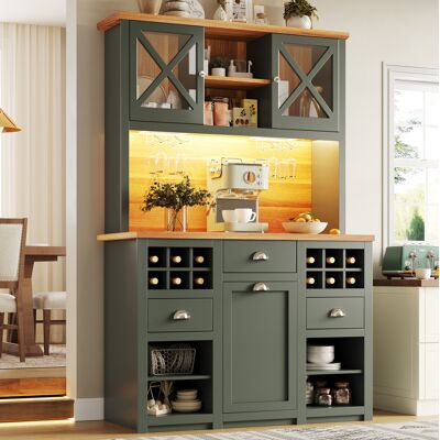 BEAOK Aparador Alto De Cocina Mdf Y Vidrio Verde Antiguo 120x45x188 Cm Con Led, Puertas De Cristal, Estantes Ajustables Y Botellero BEAOK Aparador Alto De Cocina Mdf Y Vidrio Verde Antiguo 120x45x188 Cm Con Led, Puertas De Cristal, Estantes Ajustables Y Botellero