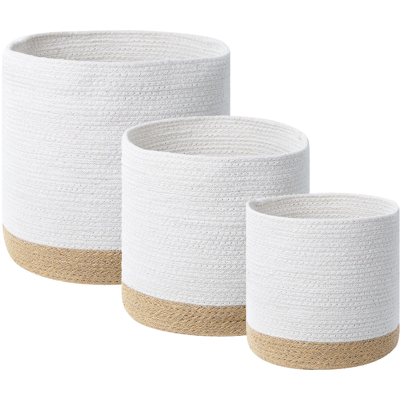 Conjunto de 3 cestas de algodón y yute blancas y beige - Cestas de almacenamiento Boho Conjunto de 3 cestas de algodón y yute blancas y beige - Cestas de almacenamiento Boho