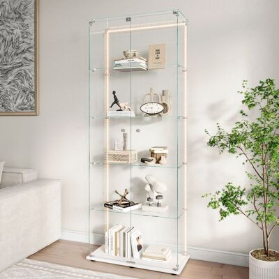 BRILVERDE Vitrina Para Colección, Vitrina De Vidrio Con Banda Led Regulable, Armario Vitrina De Doble Puerta 5 Niveles En Vidrio Templado, Mueble Expositor Luminoso Para Salón, Dormitorio U Oficina, Base Blanca BRILVERDE Vitrina Para Colección, Vitrina De Vidrio Con Banda Led Regulable, Armario Vitrina De Doble Puerta 5 Niveles En Vidrio Templado, Mueble Expositor Luminoso Para Salón, Dormitorio U Oficina, Base Blanca