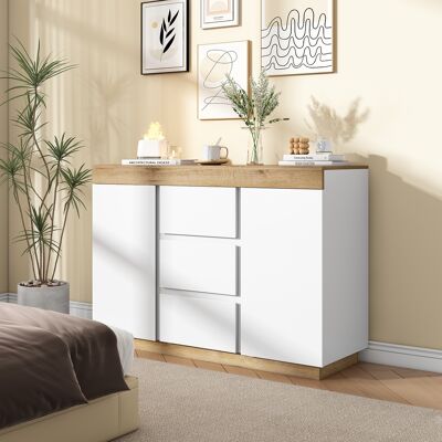 MODENVIE Cómoda De Almacenaje Con 3 Cajones Y 2 Puertas, Para Dormitorio Y Salón, Tablero De Partículas, Blanco Y Roble MODENVIE Cómoda De Almacenaje Con 3 Cajones Y 2 Puertas, Para Dormitorio Y Salón, Tablero De Partículas, Blanco Y Roble