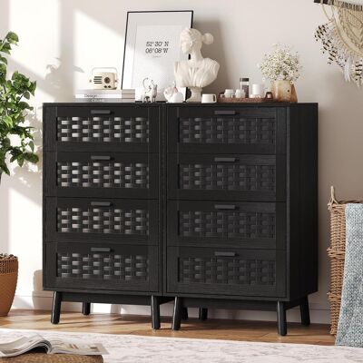 SOLKVUNZA Sinfonier De 4 Cajones 55x39,8x95 Cm - Cómoda Estrecha Con Frentes Efecto Ratán Y Patas De Madera Maciza - Madera Y Pvc, Negro SOLKVUNZA Sinfonier De 4 Cajones 55x39,8x95 Cm - Cómoda Estrecha Con Frentes Efecto Ratán Y Patas De Madera Maciza - Madera Y Pvc, Negro