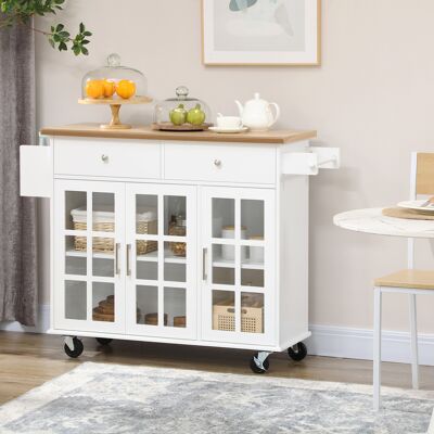 TORMATOR Carro De Cocina Con Ruedas Isla De Cocina Con 2 Cajones 3 Puertas De Vidrio Templado Toallero 124,5x39,5x90 Cm Blanco TORMATOR Carro De Cocina Con Ruedas Isla De Cocina Con 2 Cajones 3 Puertas De Vidrio Templado Toallero 124,5x39,5x90 Cm Blanco