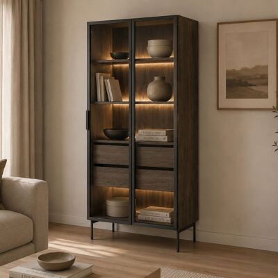 DMORA Vitrina Lafafasa, Mueble Expositor 4 Estantes, 2 Cajones, 2 Puertas, 92x39x195h Cm Marrón Nogal DMORA Vitrina Lafafasa, Mueble Expositor 4 Estantes, 2 Cajones, 2 Puertas, 92x39x195h Cm Marrón Nogal