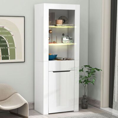 OKWISH Vitrina Expositora Blanca 60x35,5x165 Cm Con Led, Almacenamiento Integrado, 1 Armario + 1 Cajón + 2 Estantes – Acabado Blanco OKWISH Vitrina Expositora Blanca 60x35,5x165 Cm Con Led, Almacenamiento Integrado, 1 Armario + 1 Cajón + 2 Estantes – Acabado Blanco