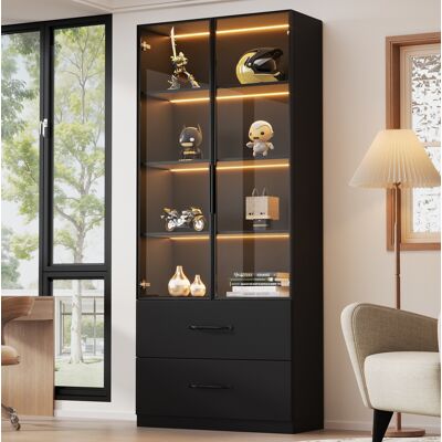 MODFU Vitrina Led De 60x40x160 Cm Con 2 Cajones, Puertas De Cristal Templado Con Cierre Suave, Unidad De Almacenamiento - Negra MODFU Vitrina Led De 60x40x160 Cm Con 2 Cajones, Puertas De Cristal Templado Con Cierre Suave, Unidad De Almacenamiento - Negra