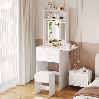 BEAOK Tocador De Mdf Blanco Con Espejo, Led De 3 Colores, 2 Cajones Y Diseño Compacto BEAOK Tocador De Mdf Blanco Con Espejo, Led De 3 Colores, 2 Cajones Y Diseño Compacto