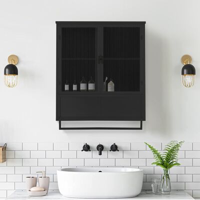 BEAOK Mueble Pared 60x23x78 Cm Vidrio Templado Y Metal Negro — Puertas Vitrina, Estante Abierto BEAOK Mueble Pared 60x23x78 Cm Vidrio Templado Y Metal Negro — Puertas Vitrina, Estante Abierto