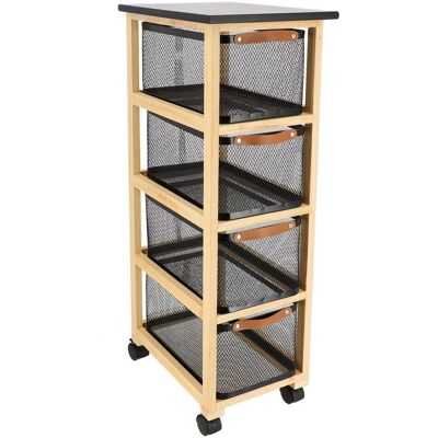 Mueble Rectangular De Madera Con Ruedas, Con 4 Cestas De Metal En Negro Y Color Natural - Tendance Mueble Rectangular De Madera Con Ruedas, Con 4 Cestas De Metal En Negro Y Color Natural - Tendance