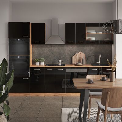 Vicco - Mueble De Cocina R-line, Roble Negro/dorado De Alto Brillo, 300 Cm Con Armario Alto, Sin Encimera Vicco - Mueble De Cocina R-line, Roble Negro/dorado De Alto Brillo, 300 Cm Con Armario Alto, Sin Encimera