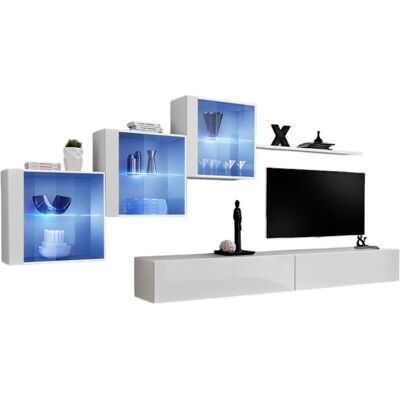 MEUBLORAMA Composición Mural Switch Xx – Doble Mueble Tv, Cubos Con Vitrinas Led Y Estante – Blanco Brillante – Diseño Moderno MEUBLORAMA Composición Mural Switch Xx – Doble Mueble Tv, Cubos Con Vitrinas Led Y Estante – Blanco Brillante – Diseño Moderno