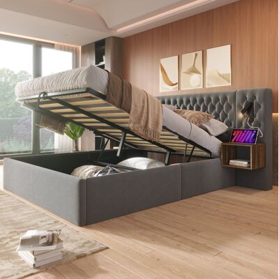 COVREO Cama Con Almacenaje 180/200 Cm Gris De Terciopelo Con 2 Mesitas Y Luces De Lectura Usb COVREO Cama Con Almacenaje 180/200 Cm Gris De Terciopelo Con 2 Mesitas Y Luces De Lectura Usb