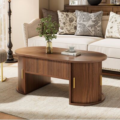 WISHDOR Mesa Baja Ovalada Elevable Nogal, En Mdf, 100x50x40,5 Cm, Con Almacenamiento Y Puertas Correderas WISHDOR Mesa Baja Ovalada Elevable Nogal, En Mdf, 100x50x40,5 Cm, Con Almacenamiento Y Puertas Correderas