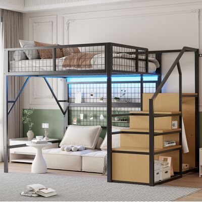 MIVRAY Cama Alta De Metal Y Mdf Negra 140x200 Cm Con Led, Escalera Con Almacenaje Y Armario Abierto MIVRAY Cama Alta De Metal Y Mdf Negra 140x200 Cm Con Led, Escalera Con Almacenaje Y Armario Abierto