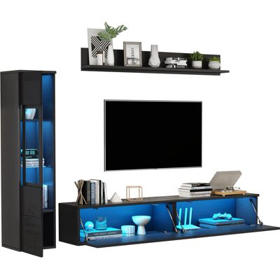 STILVORA Mueble Tv Con Vitrina Y Estante De Pared, Led, Apertura Sin Tiradores, Para Salón, En Tablero De Partículas, Negro STILVORA Mueble Tv Con Vitrina Y Estante De Pared, Led, Apertura Sin Tiradores, Para Salón, En Tablero De Partículas, Negro