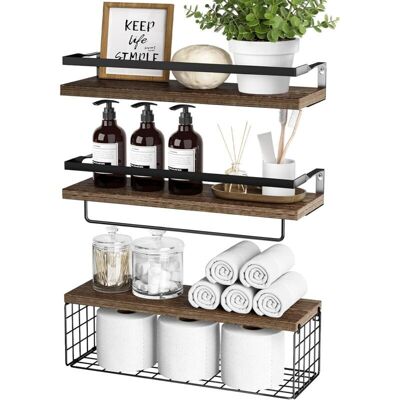 OEM Juego De 3 Estantes Flotantes Con Cesta De Almacenamiento, Estantes De Pared Rústicos De Madera Para Baño, Dormitorio, Sala De Estar, Cocina (marrón) Estante De Ducha Y Almacenamiento - Crezuo OEM Juego De 3 Estantes Flotantes Con Cesta De Almacenamiento, Estantes De Pared Rústicos De Madera Para Baño, Dormitorio, Sala De Estar, Cocina (marrón) Estante De Ducha Y Almacenamiento - Crezuo