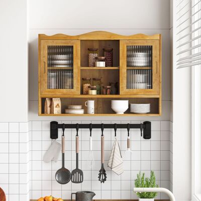 STILVORA Armario De Pared Con 2 Puertas Correderas Y 3 Estantes Extraíbles, Estilo Retro, De Madera Maciza Y Vidrio, 90×20×60 Cm, Natural STILVORA Armario De Pared Con 2 Puertas Correderas Y 3 Estantes Extraíbles, Estilo Retro, De Madera Maciza Y Vidrio, 90×20×60 Cm, Natural