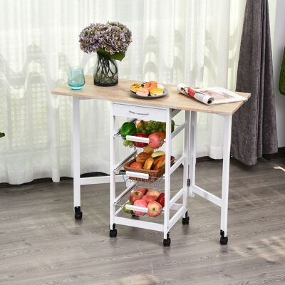 PZCC Carrito De Cocina Con Múltiples Compartimentos De Almacenamiento, 3 Cestas Metálicas + Cajón + Extensiones, Acabado En Mdf Blanco Y Roble Claro. PZCC Carrito De Cocina Con Múltiples Compartimentos De Almacenamiento, 3 Cestas Metálicas + Cajón + Extensiones, Acabado En Mdf Blanco Y Roble Claro.