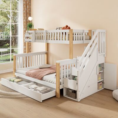 KELLANY Litera Infantil, Cama Doble, Cama Infantil Multifuncional Con Cesta De Almacenamiento, Cajón, Armario Con Escalera, Armario De Almacenamiento, Sin Colchón, Color Blanco + Natural. KELLANY Litera Infantil, Cama Doble, Cama Infantil Multifuncional Con Cesta De Almacenamiento, Cajón, Armario Con Escalera, Armario De Almacenamiento, Sin Colchón, Color Blanco + Natural.