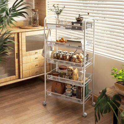 TORMATOR Carrito Auxiliar Con Ruedas De 5 Niveles Con Cestas De Malla Extraíbles Y Marco De Acero 45x26,5x106 Cm Blanco TORMATOR Carrito Auxiliar Con Ruedas De 5 Niveles Con Cestas De Malla Extraíbles Y Marco De Acero 45x26,5x106 Cm Blanco
