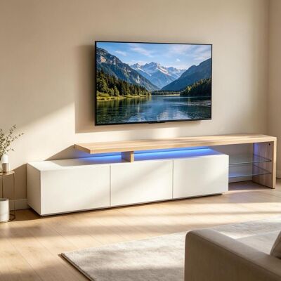 OCEVIA Mueble De Tv Moderno - Acabado En Blanco Brillante Y Madera Clara - Con Espacio De Almacenamiento - Tira Led Rgb - Ideal Para Salones Modernos. OCEVIA Mueble De Tv Moderno - Acabado En Blanco Brillante Y Madera Clara - Con Espacio De Almacenamiento - Tira Led Rgb - Ideal Para Salones Modernos.