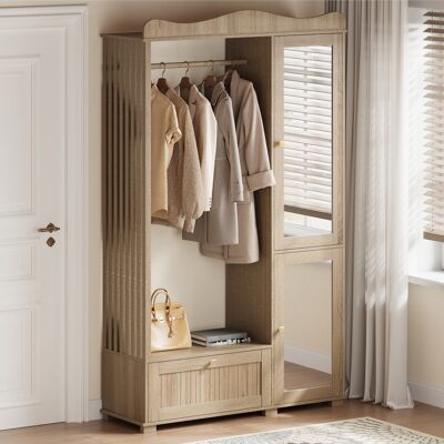 MODFU Armario Abierto De 115,5 X 38,5 X 194,5 Cm Con Espejo, 2 Puertas, Cajones Y Barra Para Colgar Ropa, De Mdf Efecto Roble. MODFU Armario Abierto De 115,5 X 38,5 X 194,5 Cm Con Espejo, 2 Puertas, Cajones Y Barra Para Colgar Ropa, De Mdf Efecto Roble.