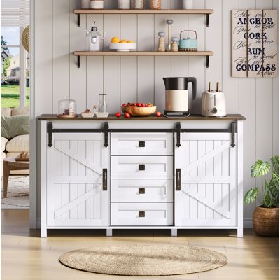 BEAOK Aparador De Mdf Blanco 137x40x81,5 Cm Con 2 Puertas Correderas Y 4 Cajones, Mueble Auxiliar De Almacenaje BEAOK Aparador De Mdf Blanco 137x40x81,5 Cm Con 2 Puertas Correderas Y 4 Cajones, Mueble Auxiliar De Almacenaje