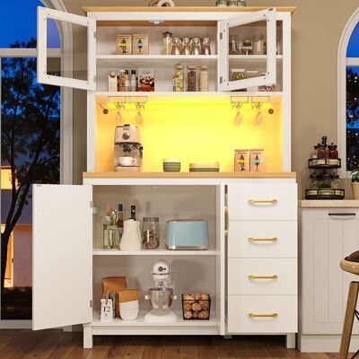 MODENVIE Aparador De Cocina Con 4 Puertas Y Iluminación Led, Estilo Retro Moderno, Para Cocina, Mdf, Blanco, 105.5×40×180 Cm MODENVIE Aparador De Cocina Con 4 Puertas Y Iluminación Led, Estilo Retro Moderno, Para Cocina, Mdf, Blanco, 105.5×40×180 Cm