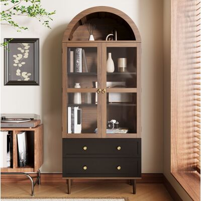 BEAOK Aparador De Mdf Y Vidrio Nogal 70 X 38 X 165 Cm Con Baldas Regulables Y Puertas De Vidrio Acanalado BEAOK Aparador De Mdf Y Vidrio Nogal 70 X 38 X 165 Cm Con Baldas Regulables Y Puertas De Vidrio Acanalado