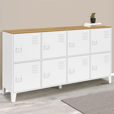 IDMARKET Ester 139 Cm Cómoda De 8 Puertas De Metal Blanco Con Tapa De Madera De Diseño Industrial IDMARKET Ester 139 Cm Cómoda De 8 Puertas De Metal Blanco Con Tapa De Madera De Diseño Industrial