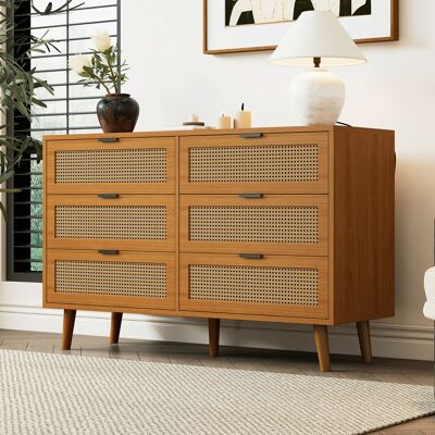 MODENVIE Cómoda Retro Con 6 Cajones, Tiradores De Metal Y Patas De Madera Maciza, Para Dormitorio Salón Oficina, Nogal, 120×40×76.5 Cm MODENVIE Cómoda Retro Con 6 Cajones, Tiradores De Metal Y Patas De Madera Maciza, Para Dormitorio Salón Oficina, Nogal, 120×40×76.5 Cm