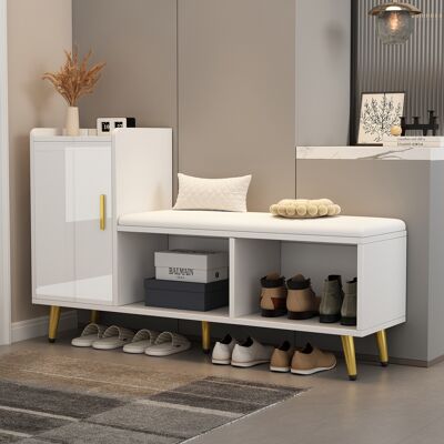 BEAOK Zapatero Con Banco En Tablero De Partículas Blanco Brillo, 1 Puerta, Baldas Ajustables, Asiento Acolchado, 120 X 35 X 71,5 Cm BEAOK Zapatero Con Banco En Tablero De Partículas Blanco Brillo, 1 Puerta, Baldas Ajustables, Asiento Acolchado, 120 X 35 X 71,5 Cm