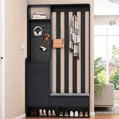 DREAMMESPACE Vestíbulo Multifuncional - 100 X 35 X 180 Cm - Con Banco Acolchado, Zapatero Y Panel Perforado - Moderno - Negro DREAMMESPACE Vestíbulo Multifuncional - 100 X 35 X 180 Cm - Con Banco Acolchado, Zapatero Y Panel Perforado - Moderno - Negro