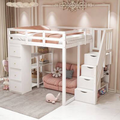 KELLANY Cama Alta 140200 Cm Con Cajón De Almacenamiento, Cómoda Con Estantes, Escalera De Seguridad Con Cajones De Almacenamiento, Cama Multifuncional De Madera Maciza Blanca. El Antiguo Sku Es Ldb00278aak KELLANY Cama Alta 140200 Cm Con Cajón De Almacenamiento, Cómoda Con Estantes, Escalera De Seguridad Con Cajones De Almacenamiento, Cama Multifuncional De Madera Maciza Blanca. El Antiguo Sku Es Ldb00278aak