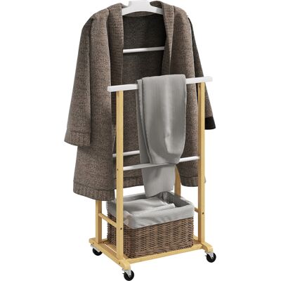 OEM Galán De Noche Bambú Con Ruedas Percha Superior Barras Para Pantalones Y Balda Inferior Para Zapatos Natural Y Blanco OEM Galán De Noche Bambú Con Ruedas Percha Superior Barras Para Pantalones Y Balda Inferior Para Zapatos Natural Y Blanco