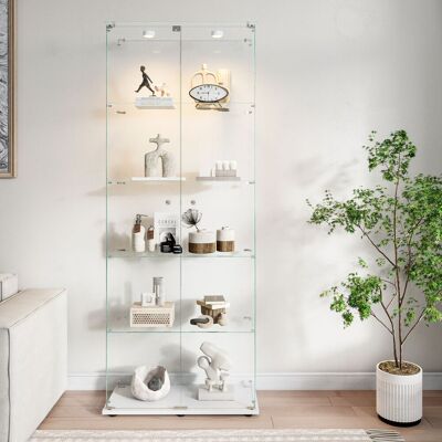 BRILVERDE Vitrina De Vidrio 5 Niveles Con Led Personalizable, Armario Vitrina De Doble Puerta En Vidrio Templado, Mueble Expositor Moderno Con Estantes, Focos Led Regulables, Base Blanca BRILVERDE Vitrina De Vidrio 5 Niveles Con Led Personalizable, Armario Vitrina De Doble Puerta En Vidrio Templado, Mueble Expositor Moderno Con Estantes, Focos Led Regulables, Base Blanca