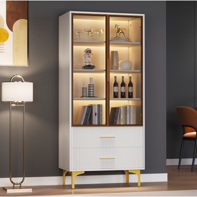 BEAOK Vitrina De Aglomerado Blanco Con Puertas De Vidrio Color Té, 70 X 35 X 150 Cm, 2 Cajones, 2 Baldas Regulables, Led BEAOK Vitrina De Aglomerado Blanco Con Puertas De Vidrio Color Té, 70 X 35 X 150 Cm, 2 Cajones, 2 Baldas Regulables, Led
