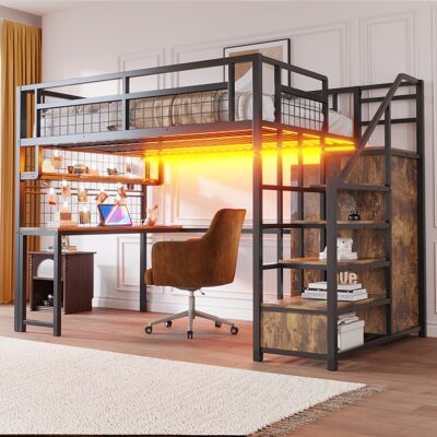 KELLANY Cama Alta Metálica De 140 X 200 Cm Con Escalera De Almacenamiento Y Armario Sencillo, Con Estante, Mesa Y Estante De Rejilla, Con Tira De Luz Y Enchufe, Color Negro, Modelo Antiguo. Sku Ldb00433aab KELLANY Cama Alta Metálica De 140 X 200 Cm Con Escalera De Almacenamiento Y Armario Sencillo, Con Estante, Mesa Y Estante De Rejilla, Con Tira De Luz Y Enchufe, Color Negro, Modelo Antiguo. Sku Ldb00433aab
