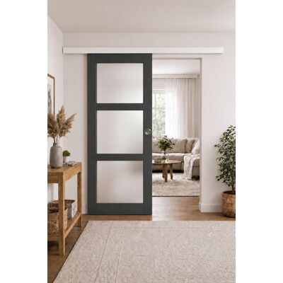 Puerta Corredera Blakeria Con Vitrina Gris Antracita H204 X L83 Cm, Riel De Aluminio Con Banda Blanca, Conchas De Gd Menuiseries Puerta Corredera Blakeria Con Vitrina Gris Antracita H204 X L83 Cm, Riel De Aluminio Con Banda Blanca, Conchas De Gd Menuiseries